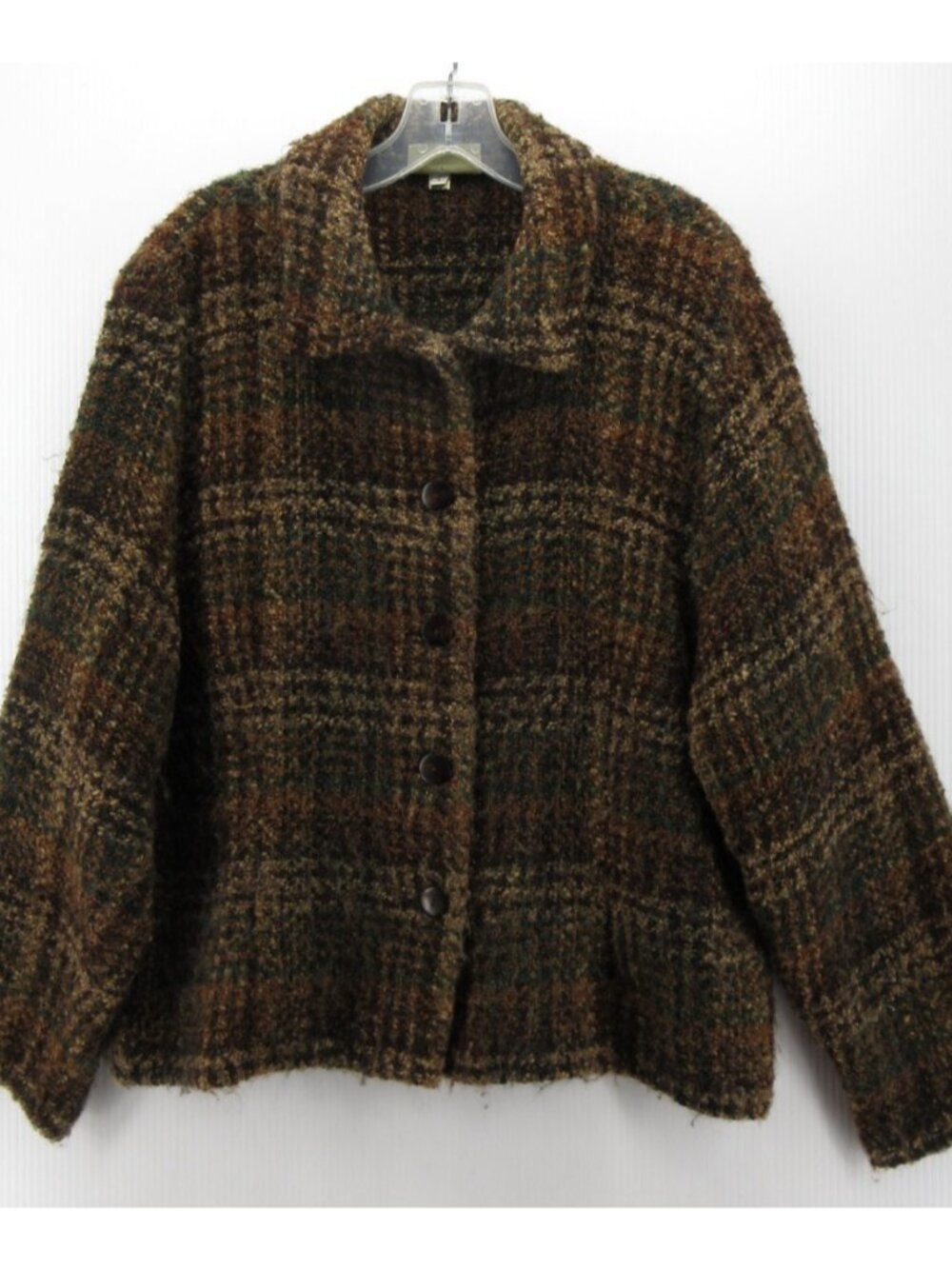 Weave of the Irish Sweater Large Wool Boucle Tweed Cardigan Plaid